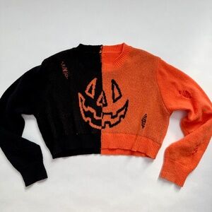 Halloween Jack O Lantern Sweater Cropped Colorblock Distressed Knit Orange Black